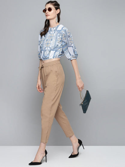 Women's Beige Side Zipper Twill Jogger Pants