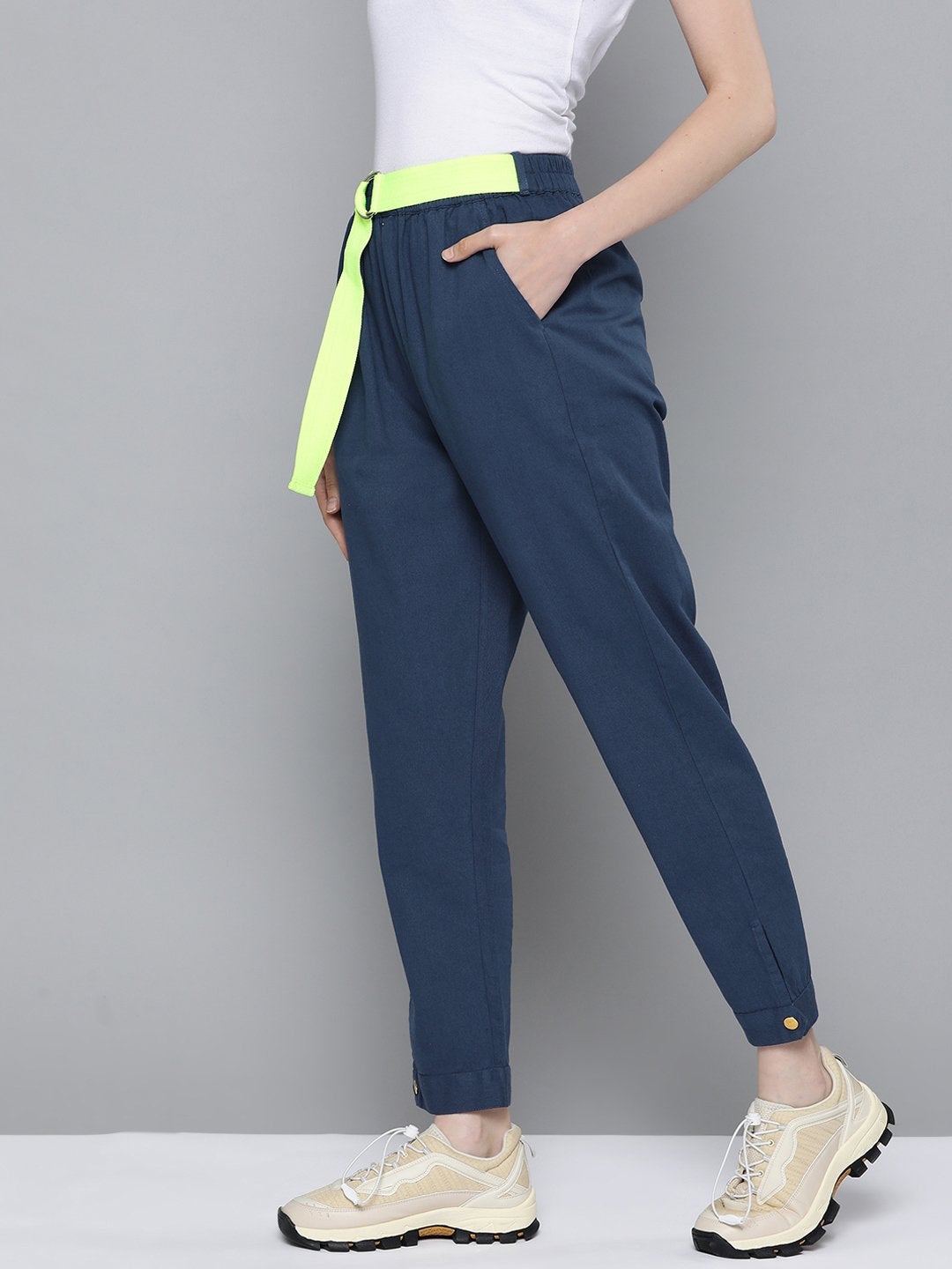 Women's Navy Button Detail Twill Joggers
