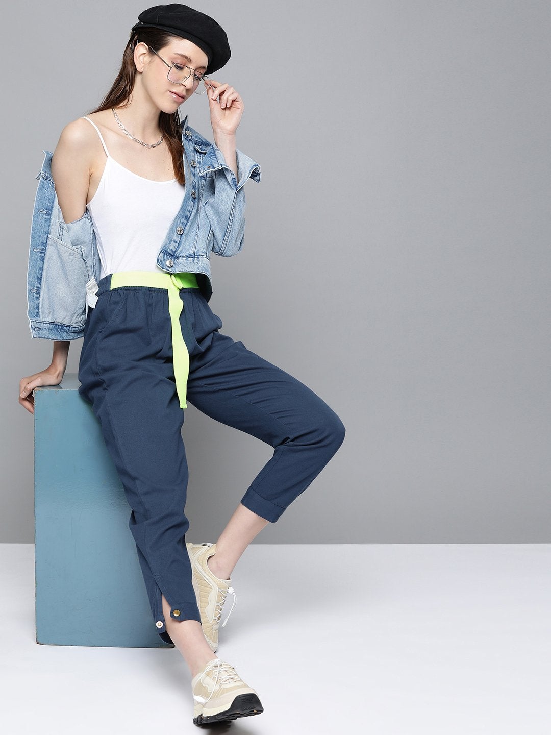 Women's Navy Button Detail Twill Joggers