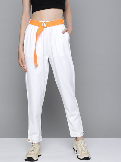 Women's White Button Detail Twill Joggers