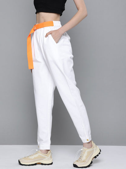 Women's White Button Detail Twill Joggers