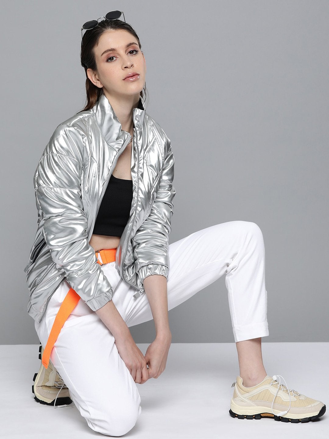 Women's White Button Detail Twill Joggers
