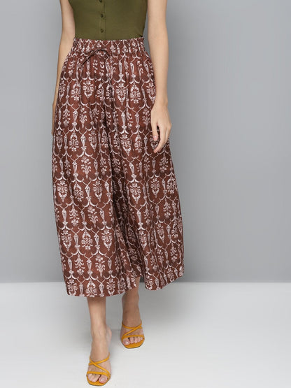Women's Maroon Floral Drawstring Wide Leg Pants