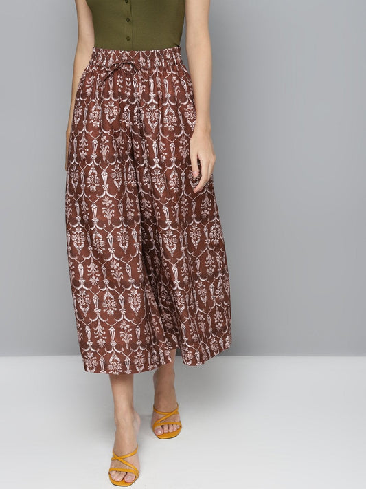 Women's Maroon Floral Drawstring Wide Leg Pants