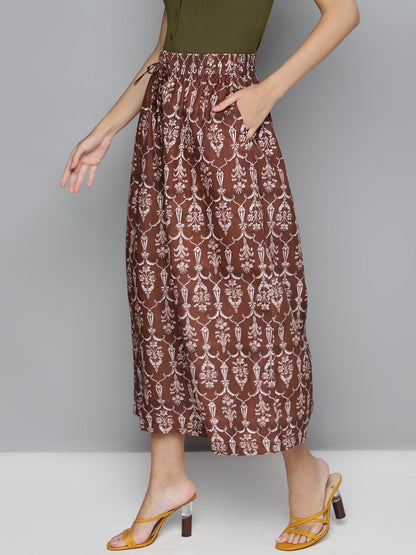 Women's Maroon Floral Drawstring Wide Leg Pants