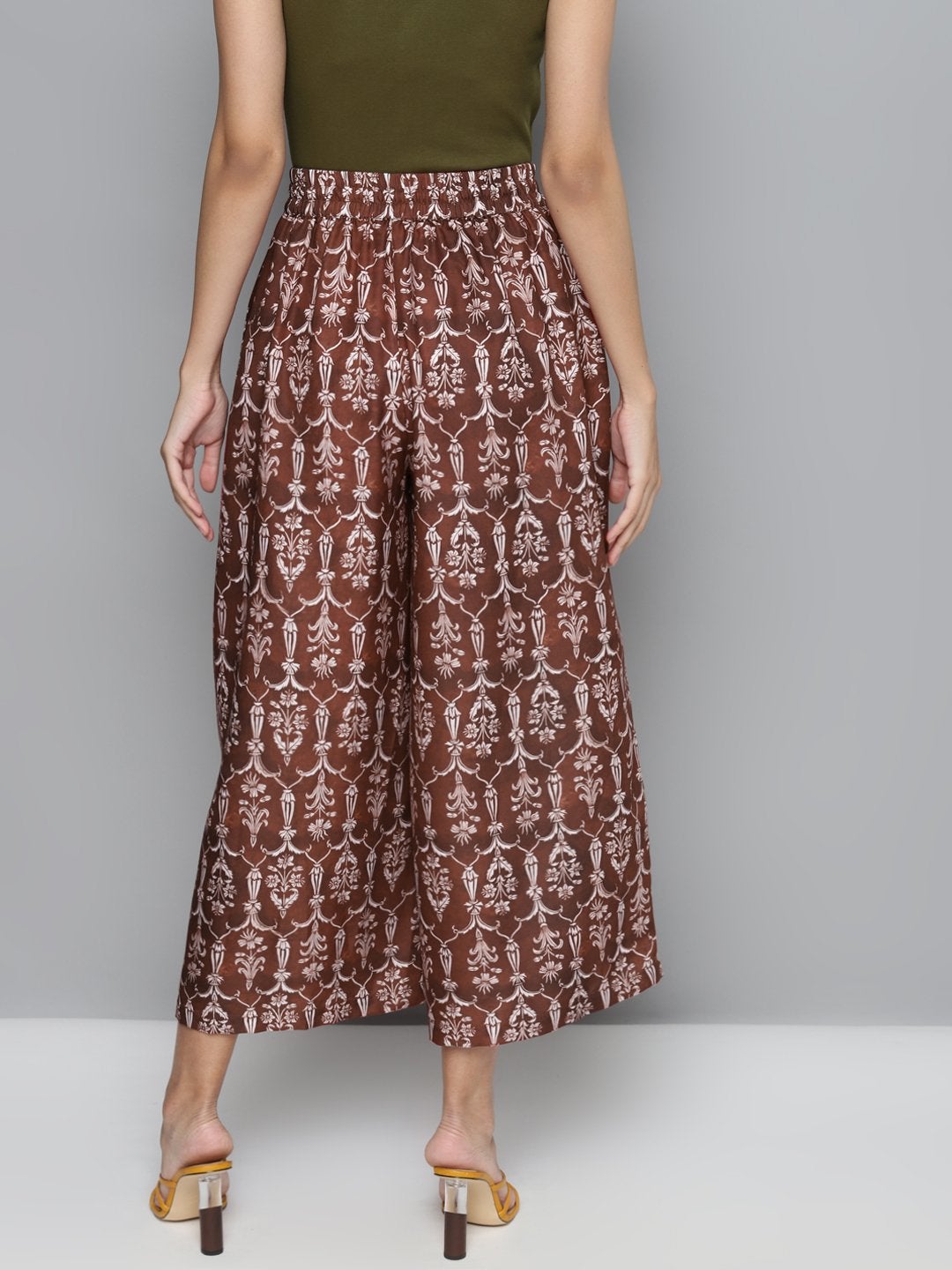 Women's Maroon Floral Drawstring Wide Leg Pants