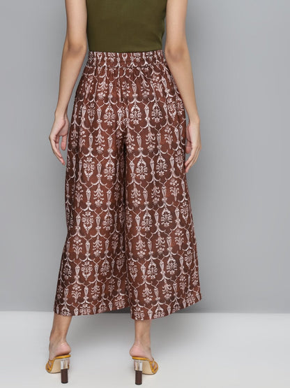 Women's Maroon Floral Drawstring Wide Leg Pants