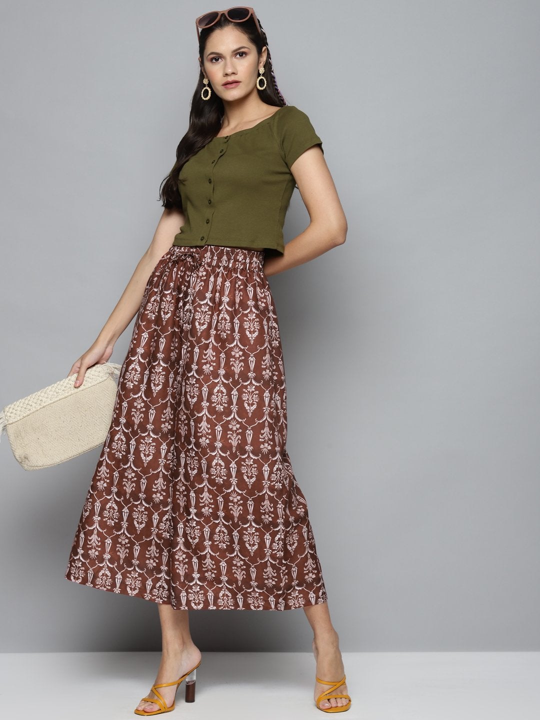 Women's Maroon Floral Drawstring Wide Leg Pants