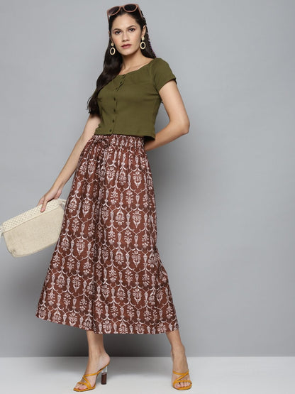 Women's Maroon Floral Drawstring Wide Leg Pants