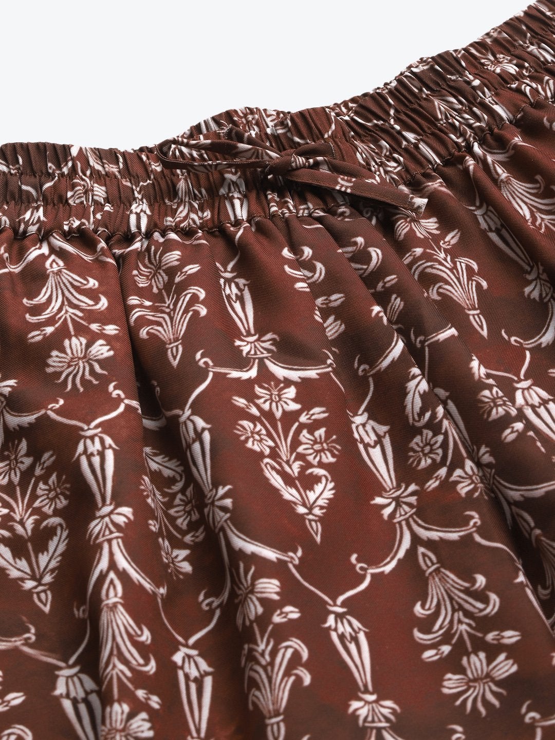Women's Maroon Floral Drawstring Wide Leg Pants