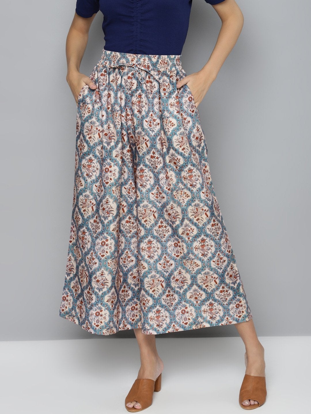 Women's Blue & Beige Floral Drawstring Wide Leg Pants