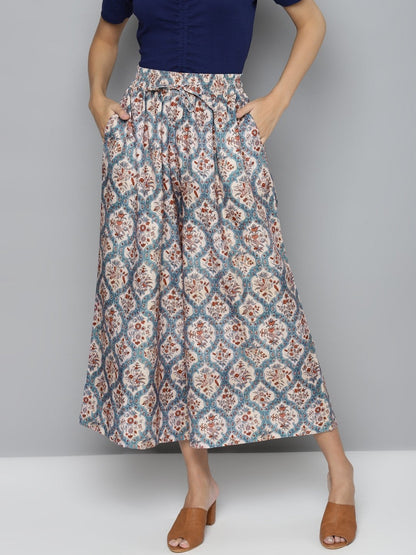 Women's Blue & Beige Floral Drawstring Wide Leg Pants