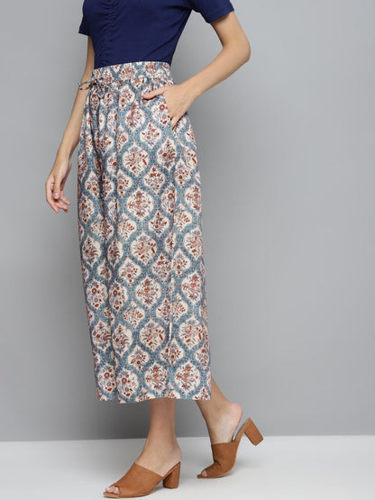 Women's Blue & Beige Floral Drawstring Wide Leg Pants