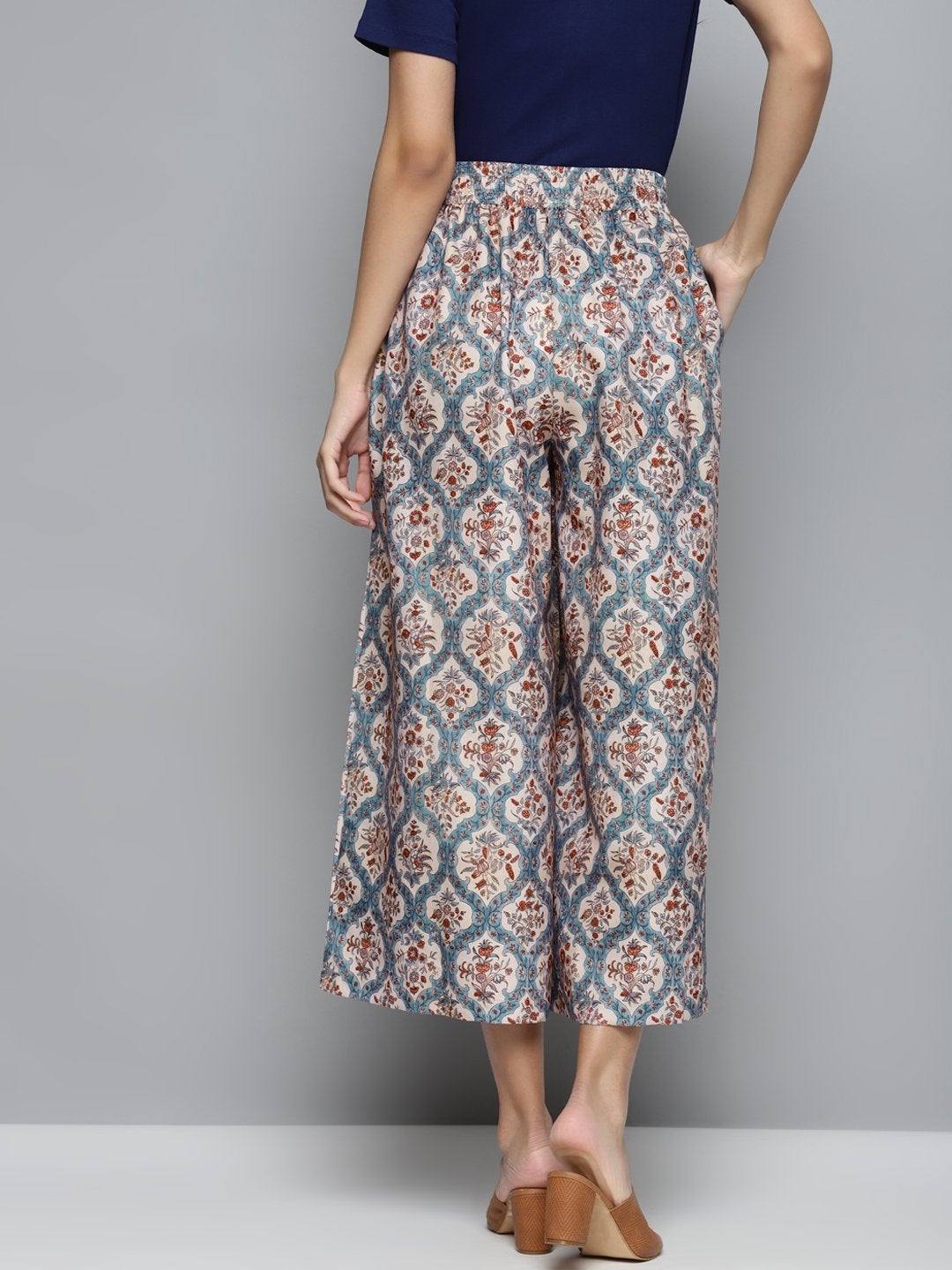 Women's Blue & Beige Floral Drawstring Wide Leg Pants