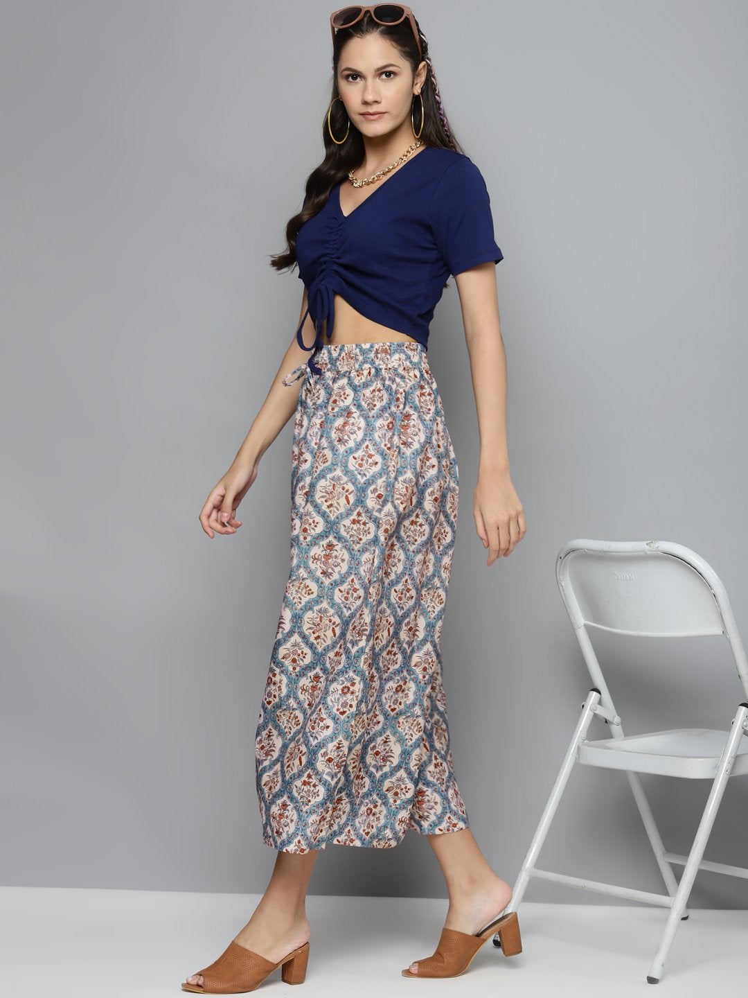 Women's Blue & Beige Floral Drawstring Wide Leg Pants