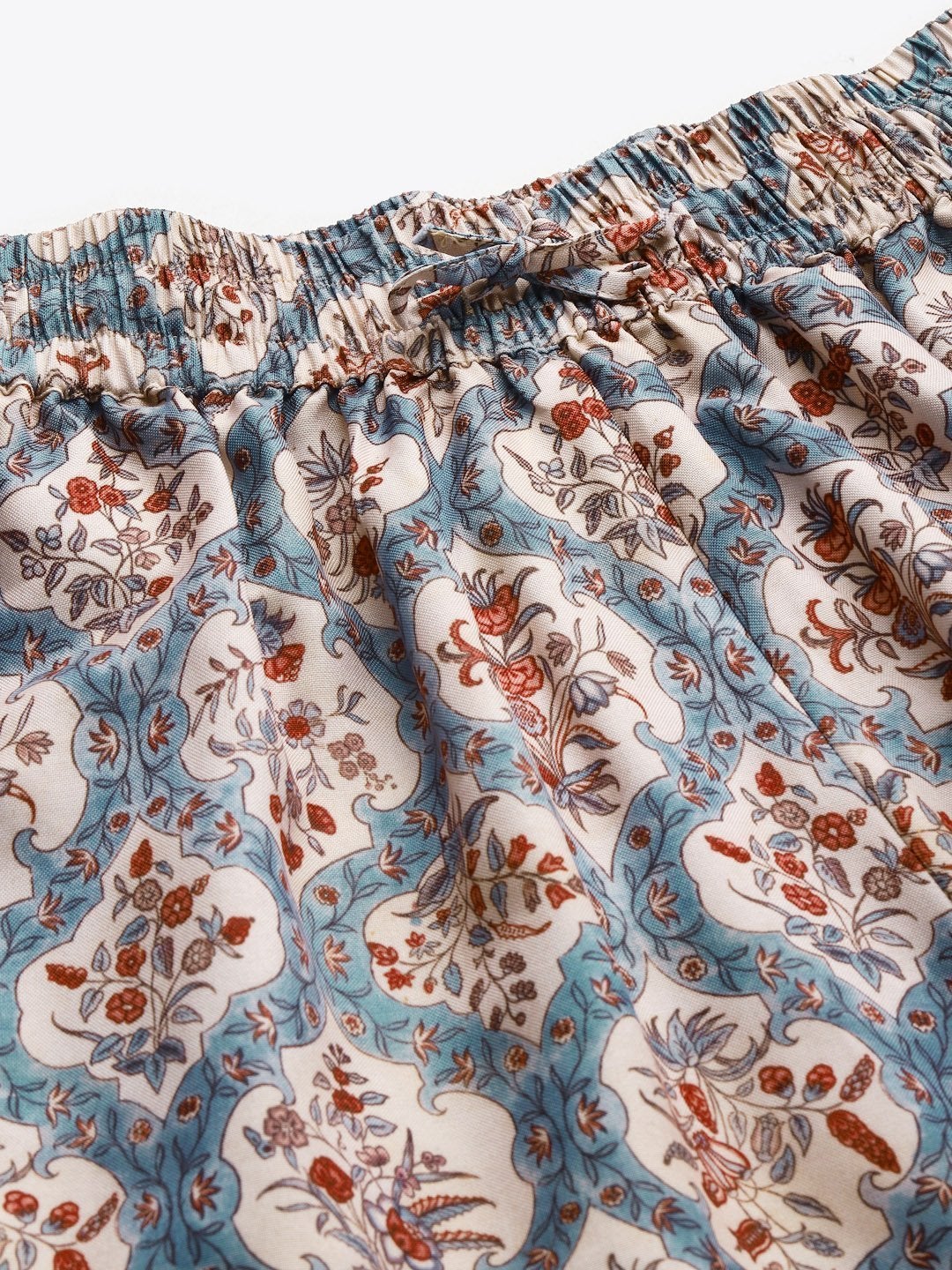 Women's Blue & Beige Floral Drawstring Wide Leg Pants
