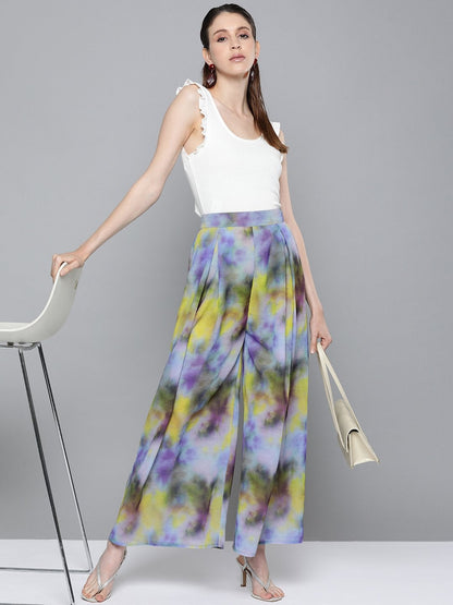 Women's Yellow & Purple Tie-Dye Print Palazzo Pants