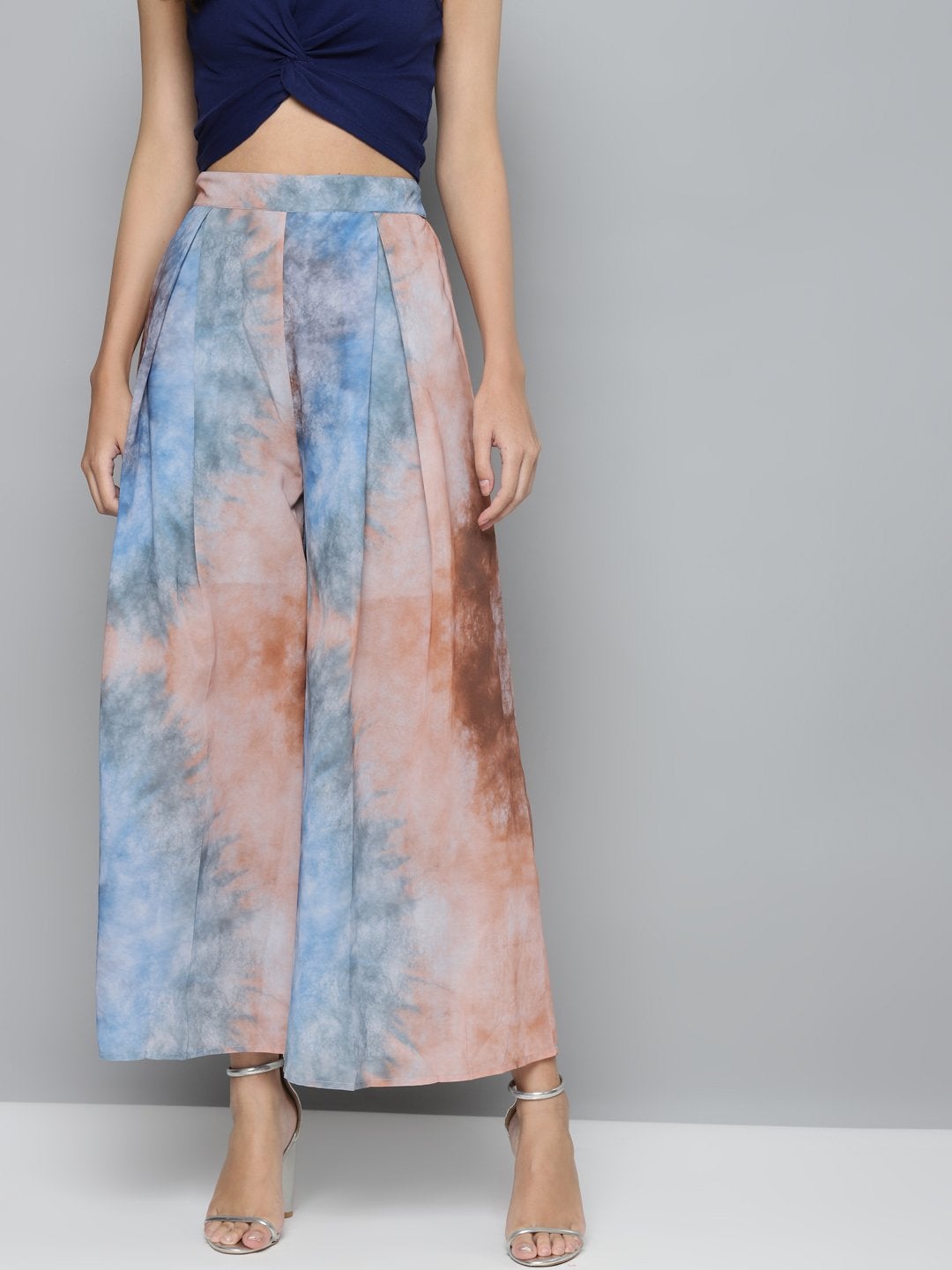 Women's Blue & Brown Tie-Dye Prin Palazzo Pants