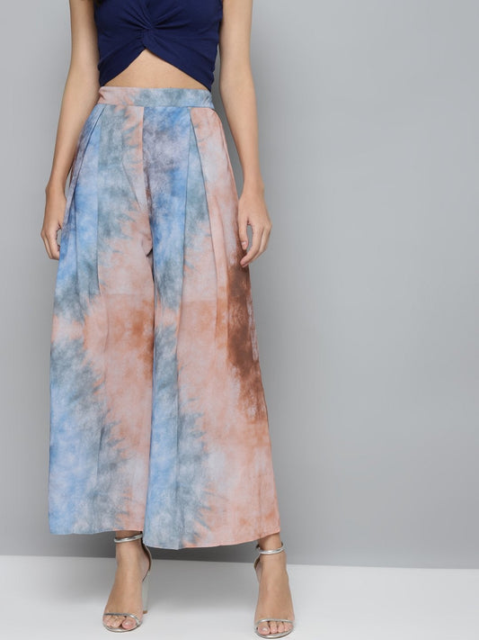 Women's Blue & Brown Tie-Dye Prin Palazzo Pants
