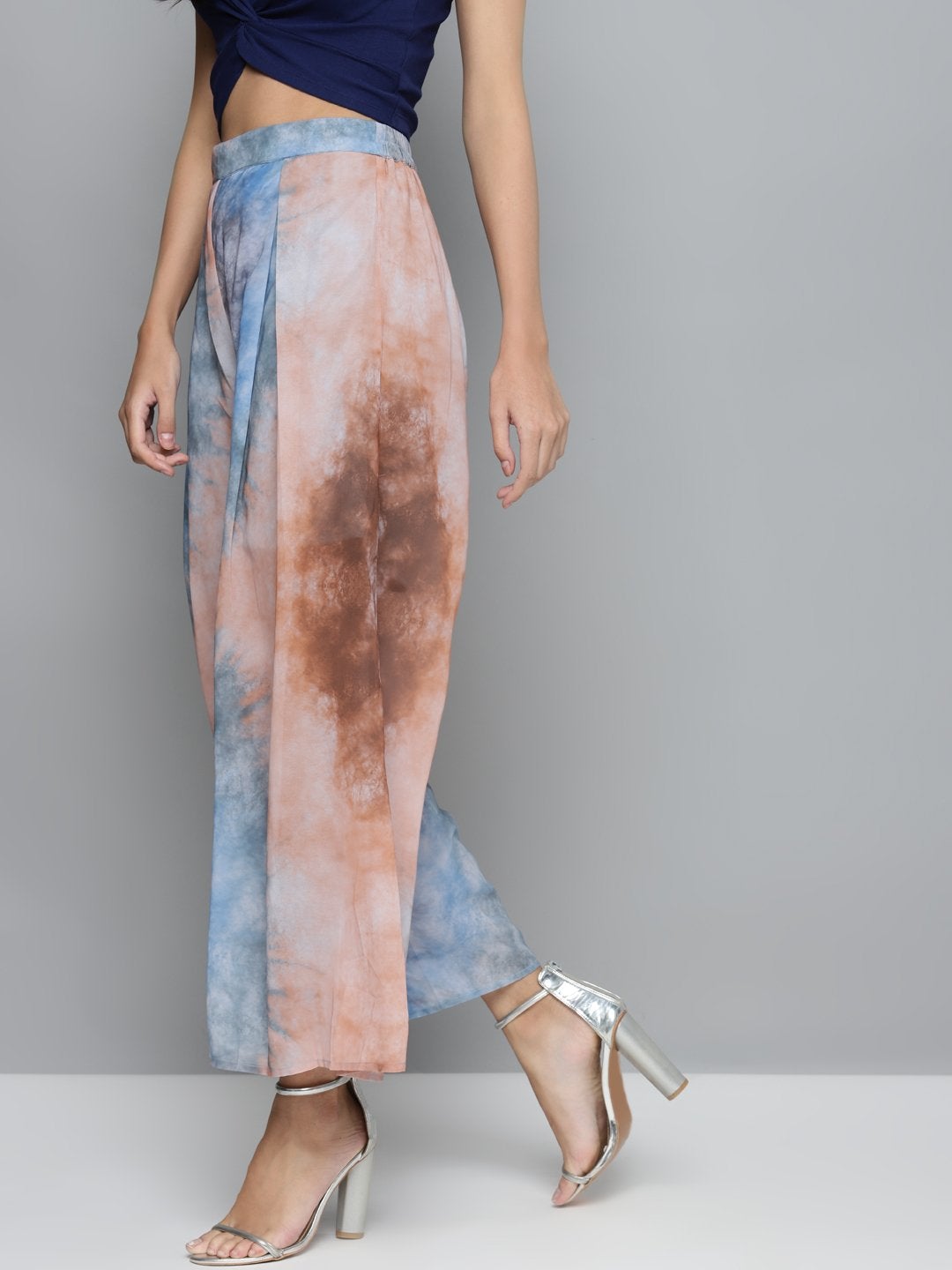 Women's Blue & Brown Tie-Dye Prin Palazzo Pants