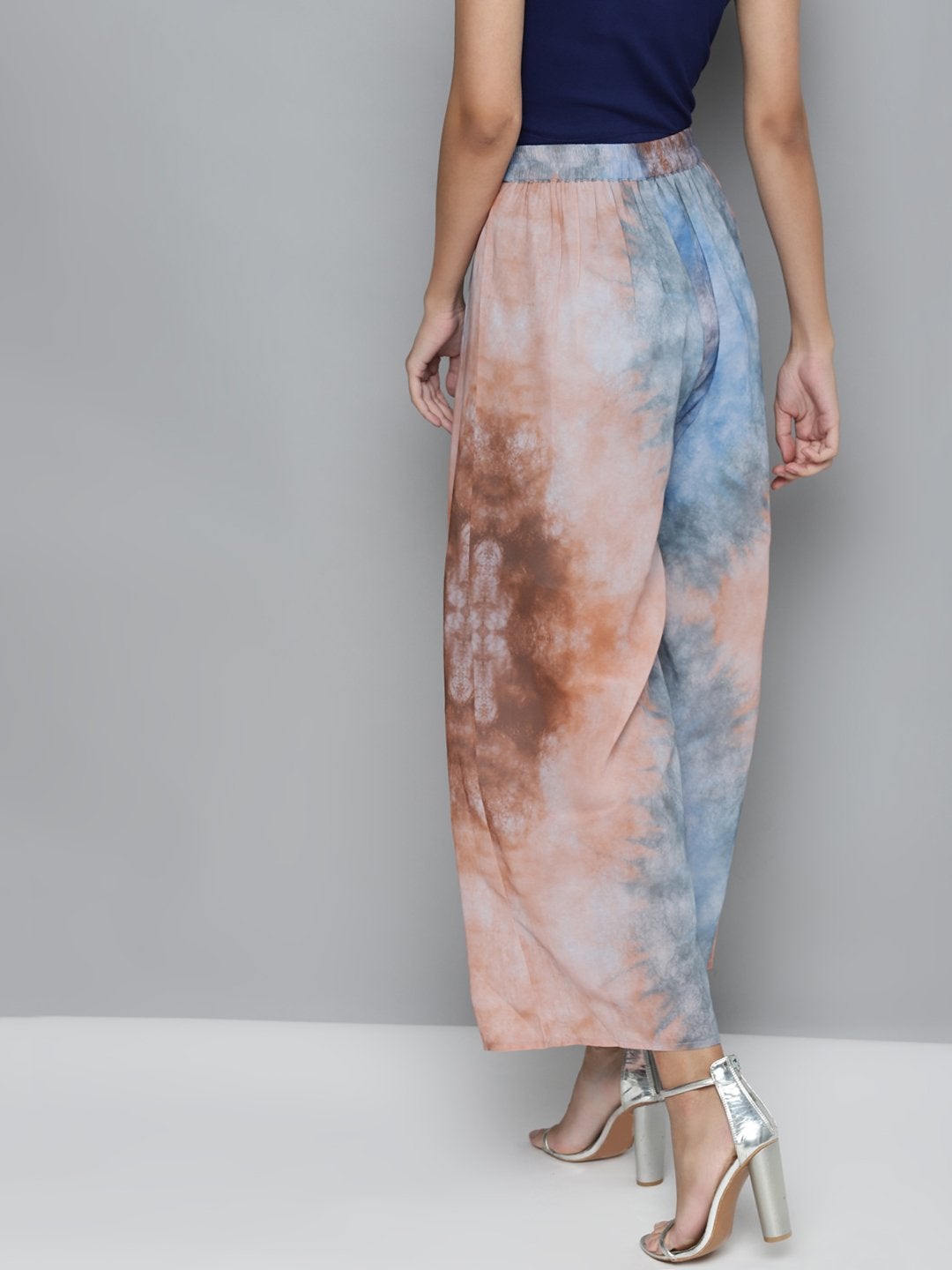 Women's Blue & Brown Tie-Dye Prin Palazzo Pants