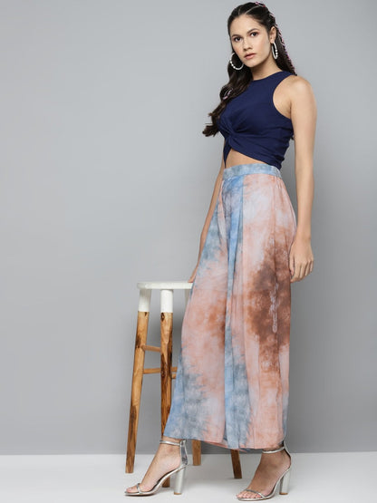 Women's Blue & Brown Tie-Dye Prin Palazzo Pants