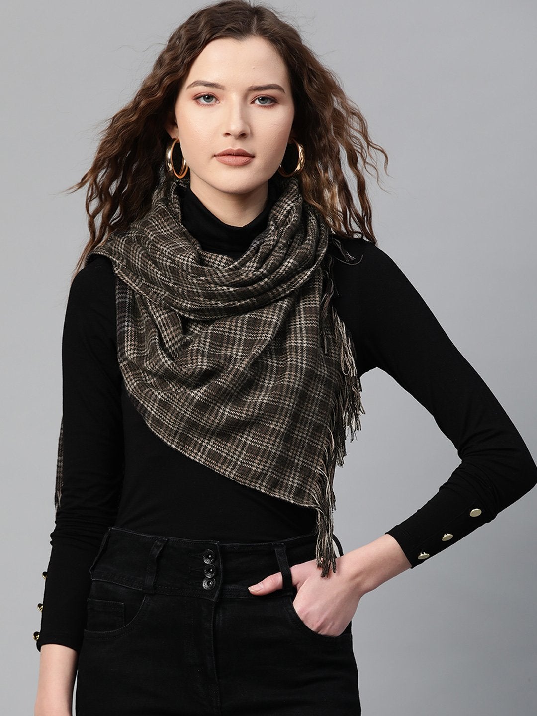 Women's Brown Check Poly Viscose Stole