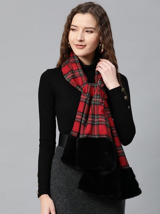 Women's Red Check Faux Fur Border Stole