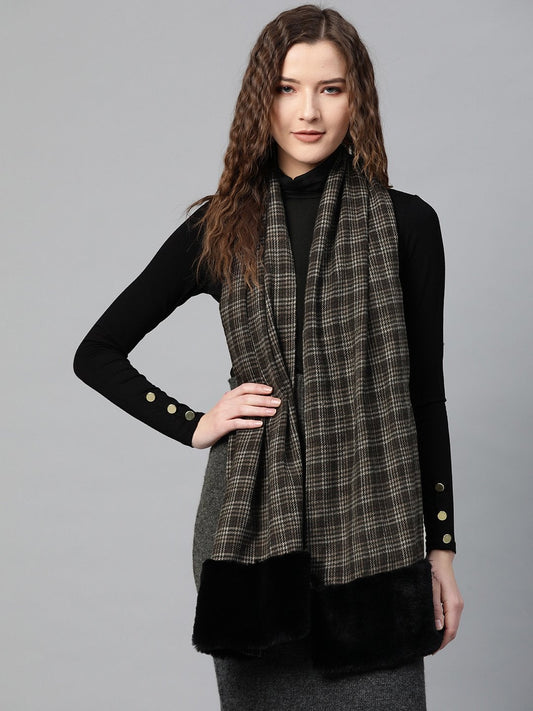 Women's Brown Check Faux Fur Border Stole