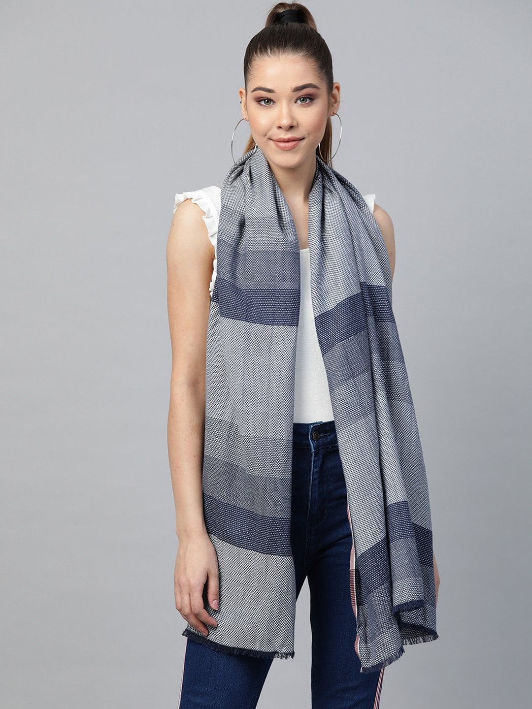 Women's Navy & White Stripe Poly Wool Stole