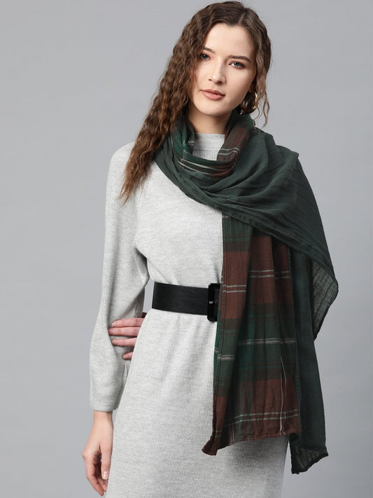 Women's Green Half Solid Half Check Stole