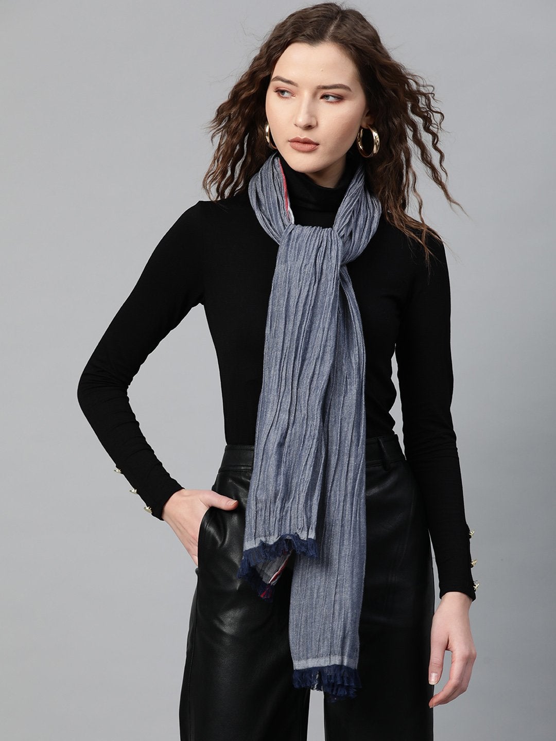 Women's Navy Chambray Effect Poly Wool Stole
