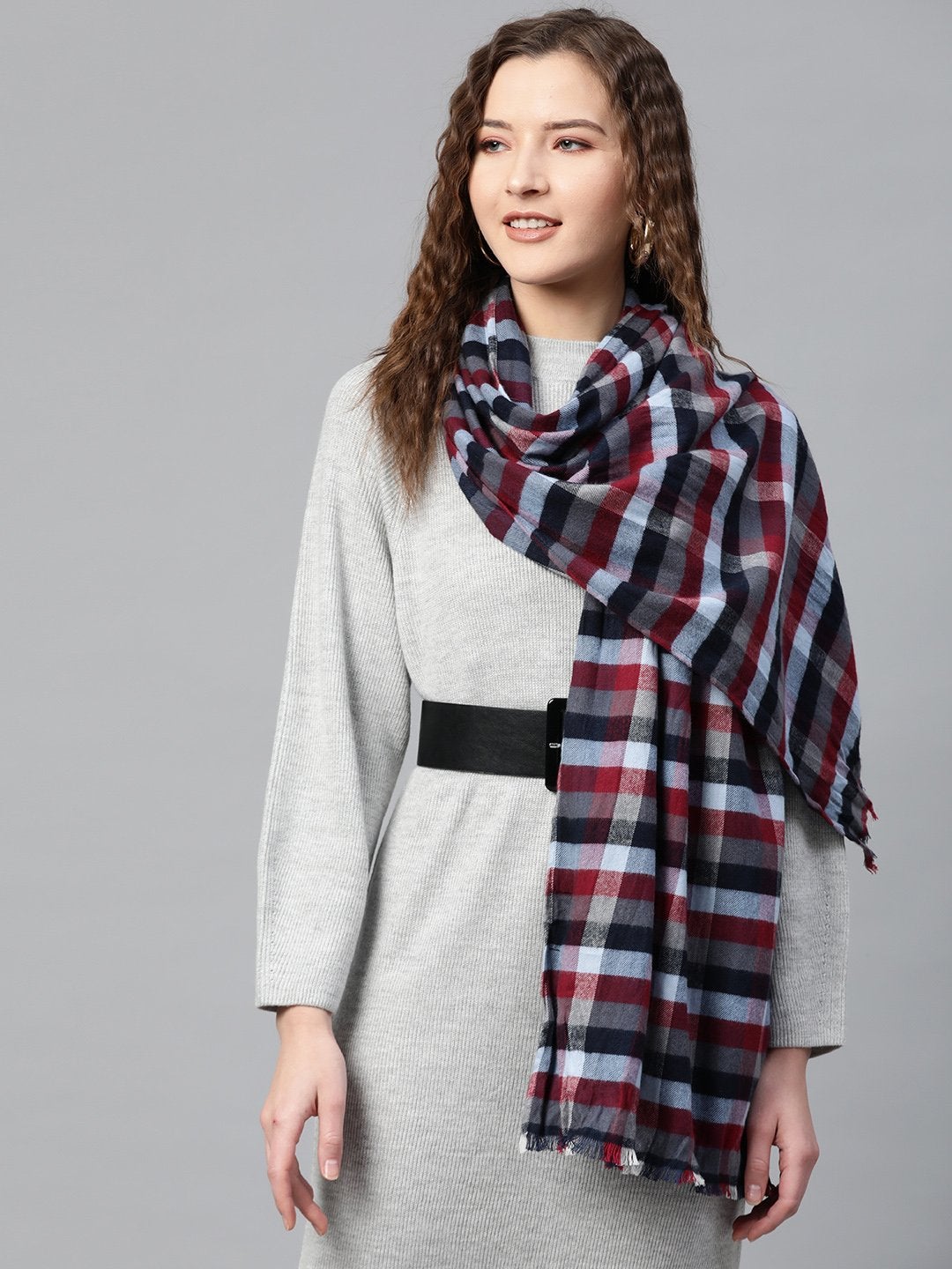 Women's Multi Colour Check Poly Wool Stole