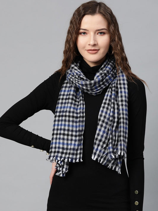 Women's Grey & Blue Check Poly Wool Stole