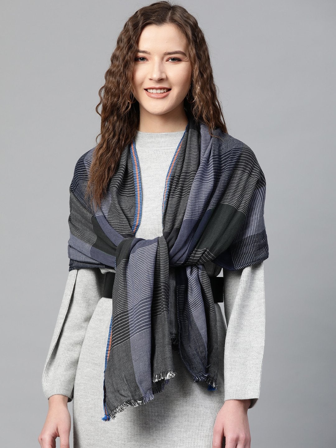 Women's Multi Colour Stripe Poly Wool Stole