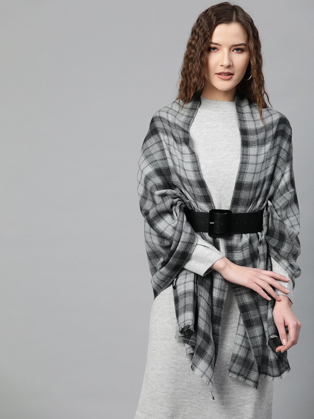 Women's Black & Grey Check Acrylic Stole
