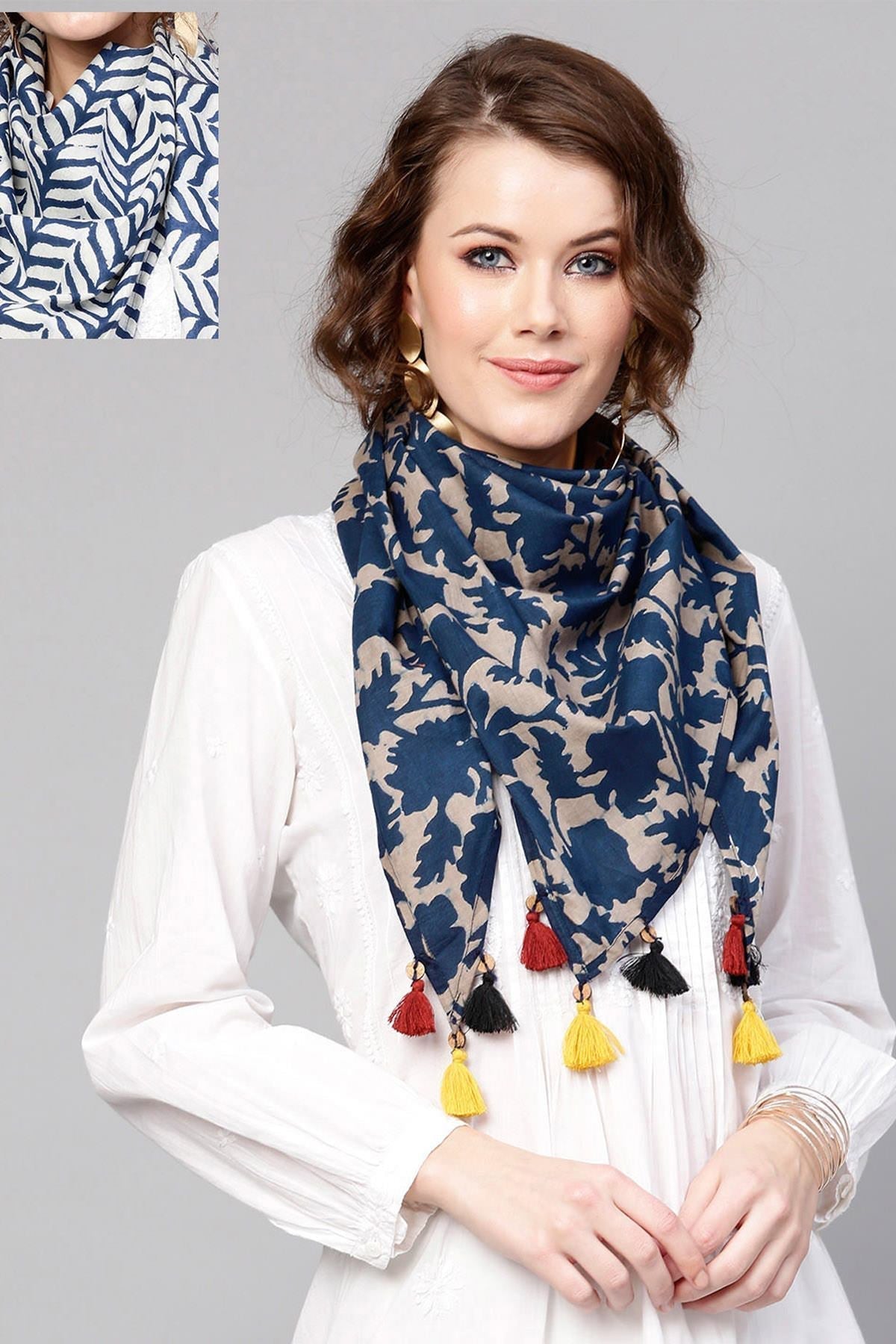 Women's Indigo Grey Floral & Indigo Leaf Scarf (Set Of 2)
