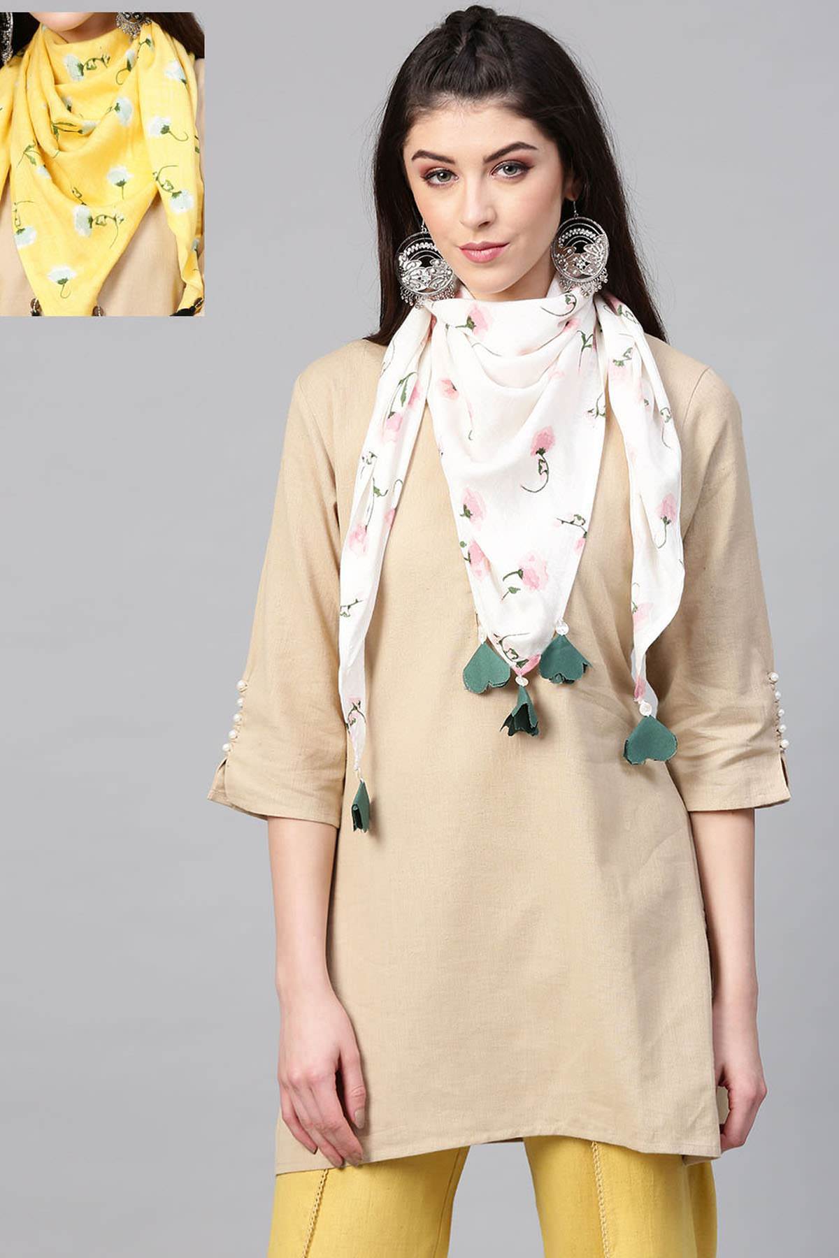 Women's White Floral & Yellow Floral Scarf (Set Of 2)