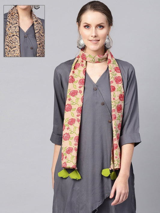 Women's Beige Paisley & Pink Floral Scarf (Set Of 2)