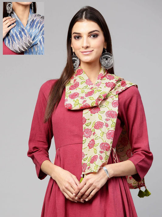 Women's Blue Ikat & Pink Floral Scarf (Set Of 2)