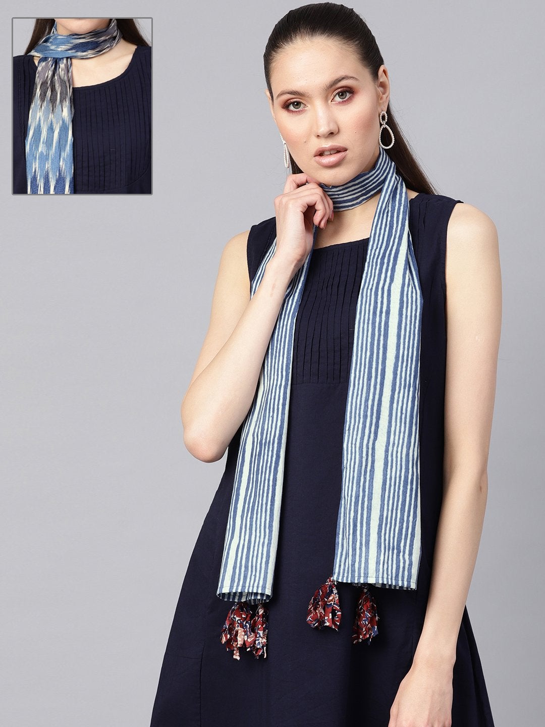 Women's Blue Ikat & Indigo Stripes Scarf (Set Of 2)