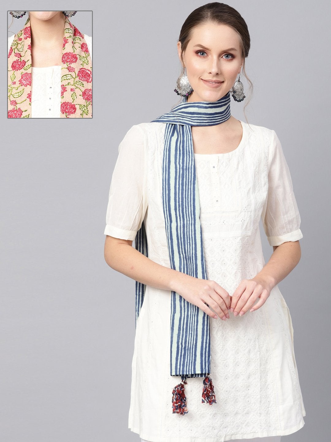 Women's Pink Floral & Indigo Stripes Scarf (Set Of 2)