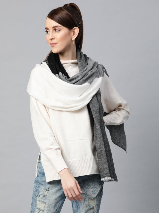 Women's Grey & White Colour Block Acrylic Wool Stole