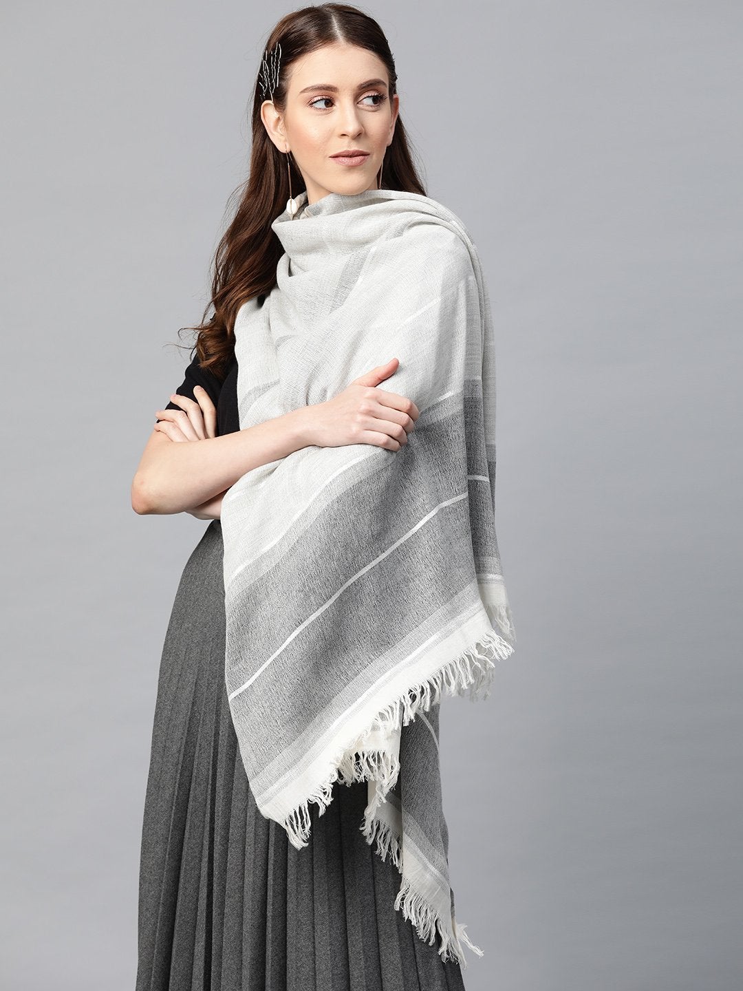 Women's Grey Cotton Acrylic Lurex Scarf