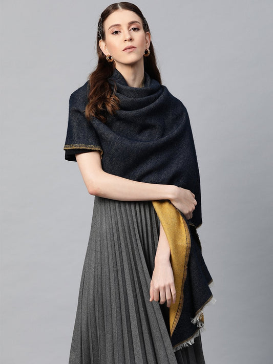 Women's Navy Mustard Acrylic Cotton Reversable Stole