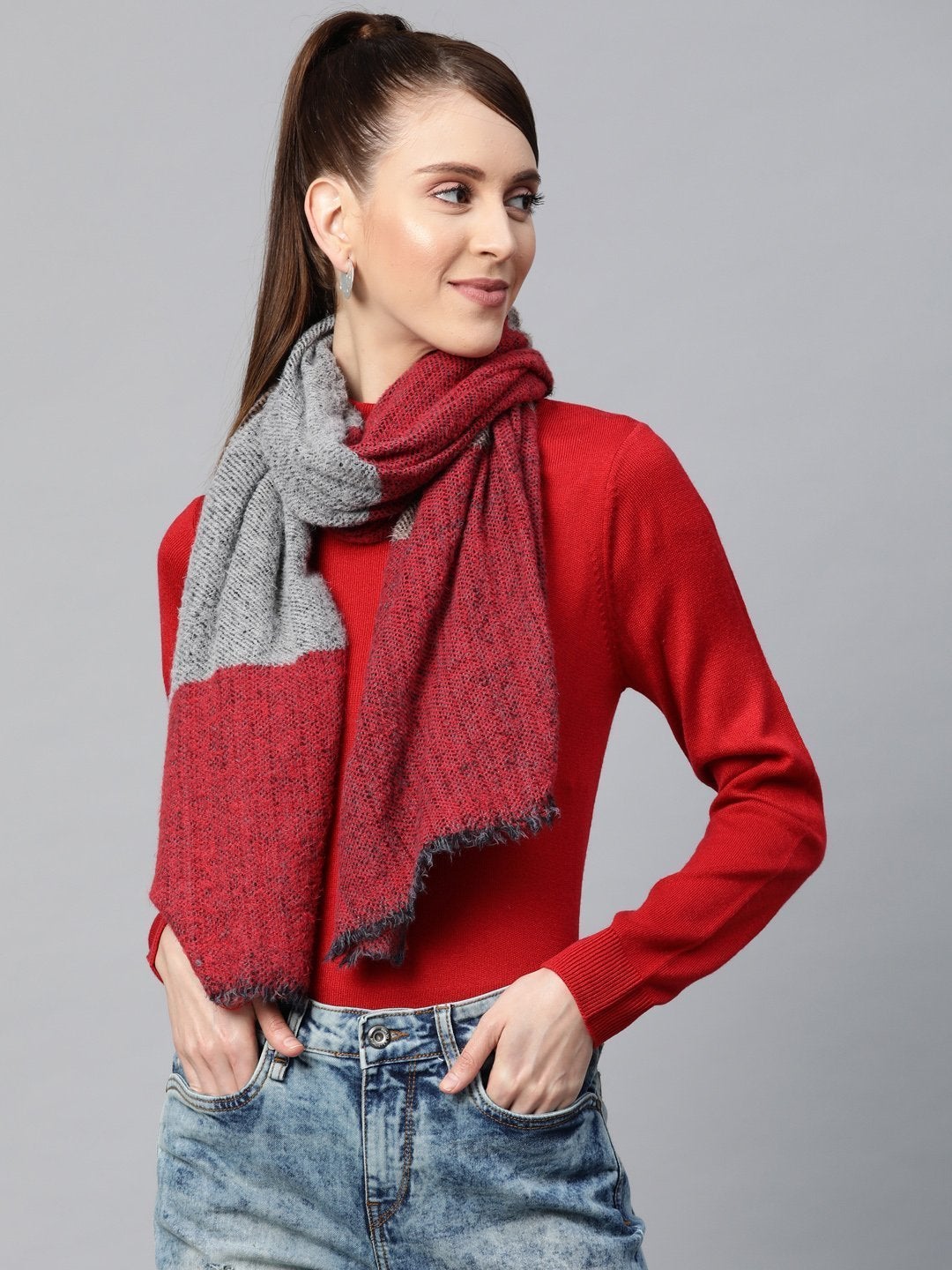 Women's Grey & Red Mohair Stripe Stole