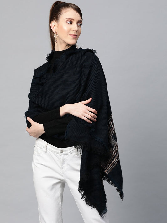 Women's Navy & Black Acrylic Cotton Kullu Border Stole