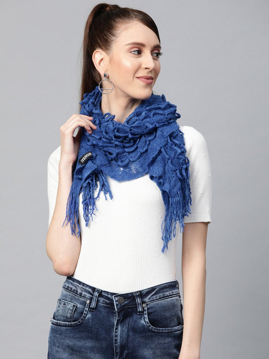 Women's Blue Crochet Poly Wool Stole