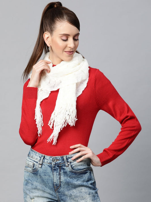 Women's White Crochet Poly Wool Stole