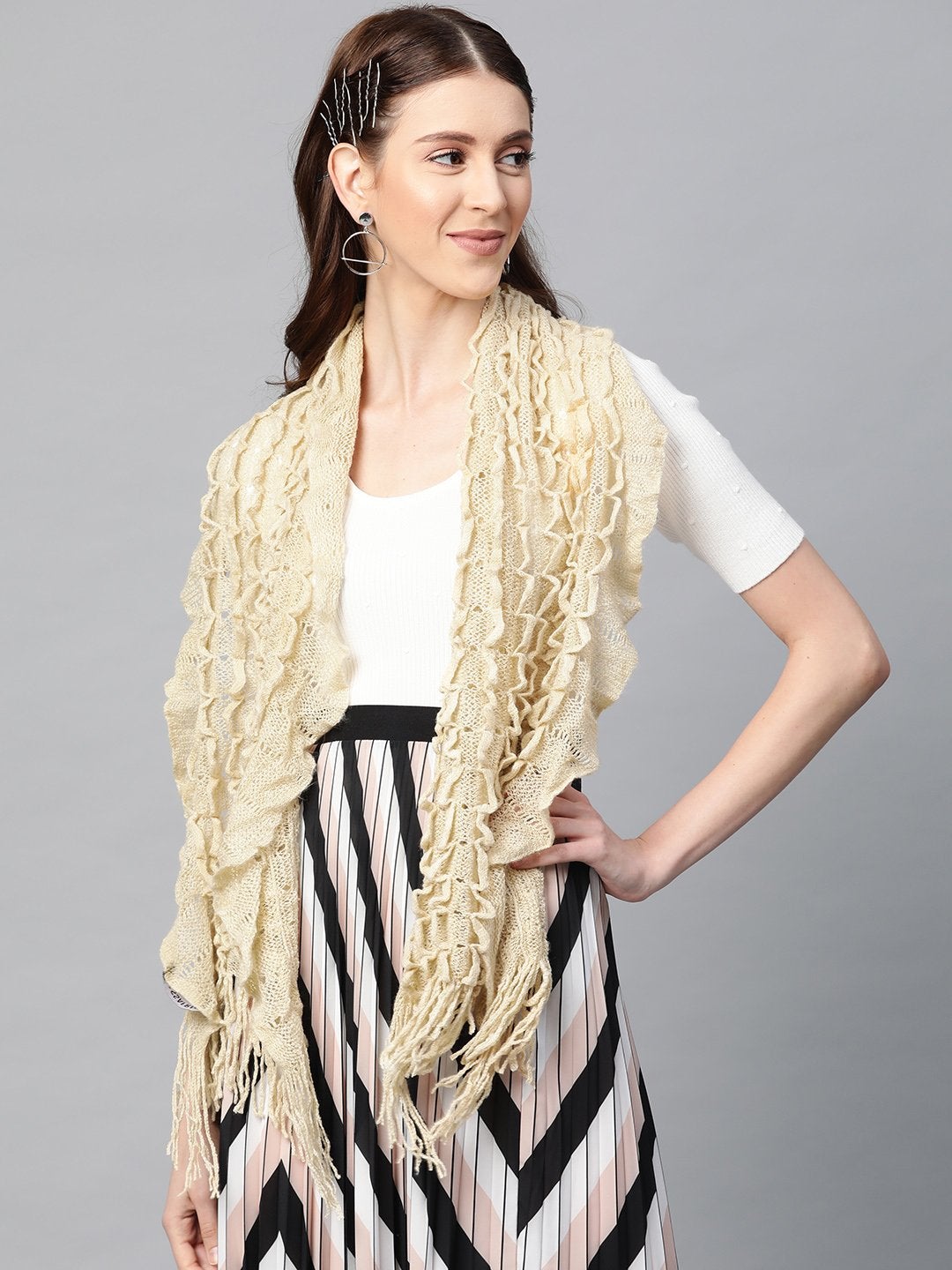 Women's Beige Crochet Poly Wool Stole